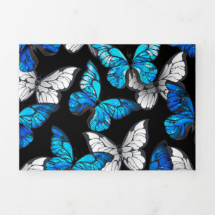 Donker naadloos patroon met blauwe vlinders Morpho Drieluik Aankondiging