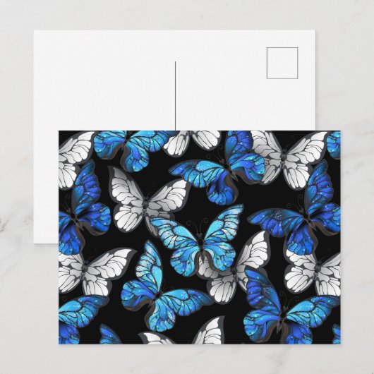 Donker naadloos patroon met blauwe vlinders Morpho Feestdagenkaart (Voorkant / Achterkant)