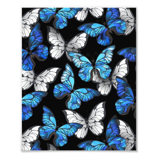 Donker naadloos patroon met blauwe vlinders Morpho Foto Afdruk (Voorkant)