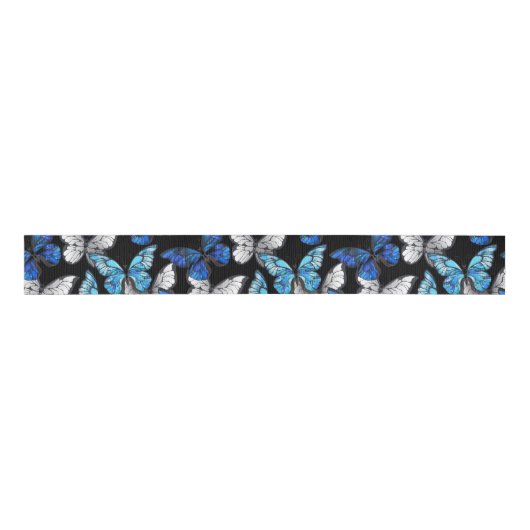 Donker naadloos patroon met blauwe vlinders Morpho Grosgrain Lint (Voorkant)
