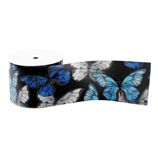 Donker naadloos patroon met blauwe vlinders Morpho Grosgrain Lint (Spoel)