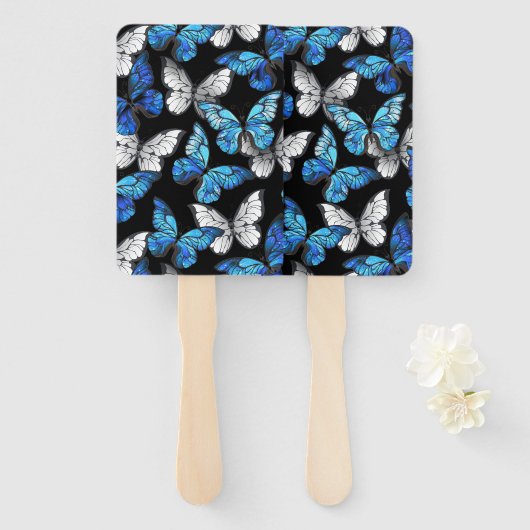 Donker naadloos patroon met blauwe vlinders Morpho Handwaaier (Voorkant en achterkant)