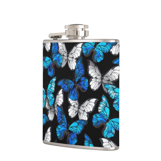 Donker naadloos patroon met blauwe vlinders Morpho Heupfles (Links)