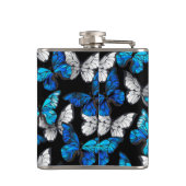 Donker naadloos patroon met blauwe vlinders Morpho Heupfles (Achterkant)