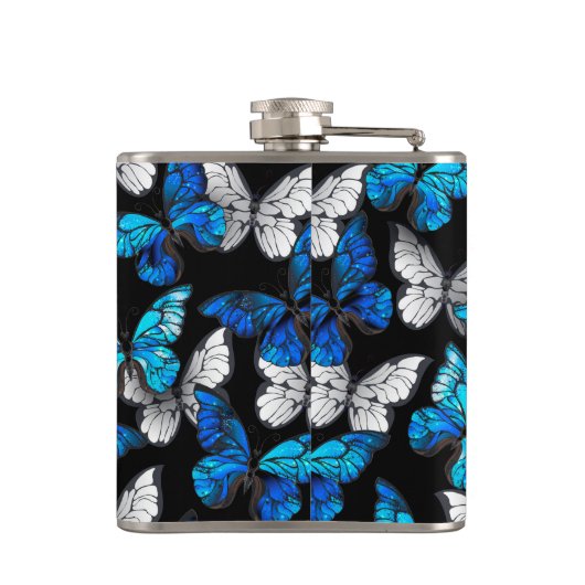 Donker naadloos patroon met blauwe vlinders Morpho Heupfles (Achterkant)