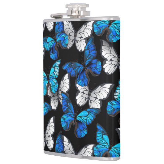 Donker naadloos patroon met blauwe vlinders Morpho Heupfles (Links)