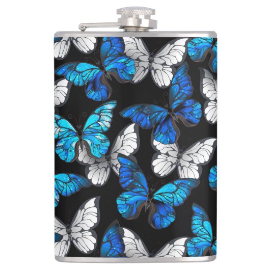 Donker naadloos patroon met blauwe vlinders Morpho Heupfles (Voorkant)