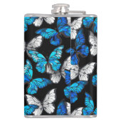 Donker naadloos patroon met blauwe vlinders Morpho Heupfles (Achterkant)