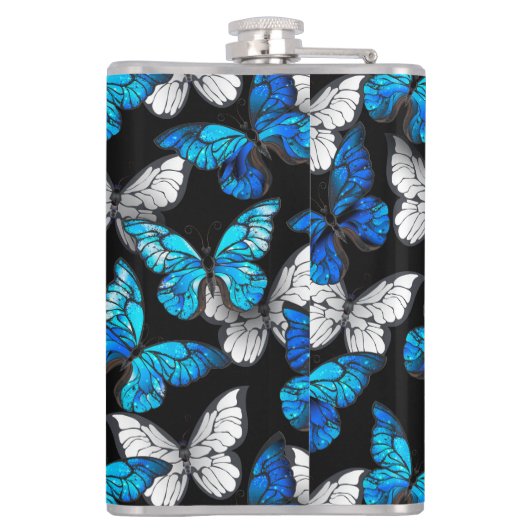 Donker naadloos patroon met blauwe vlinders Morpho Heupfles (Achterkant)