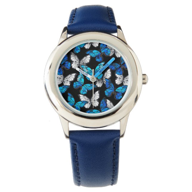 Donker naadloos patroon met blauwe vlinders Morpho Horloge (Voorkant)