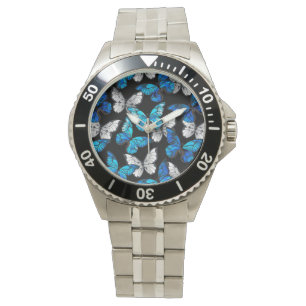Donker naadloos patroon met blauwe vlinders Morpho Horloge