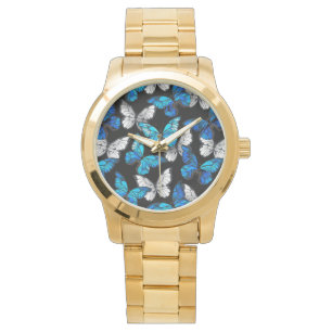 Donker naadloos patroon met blauwe vlinders Morpho Horloge