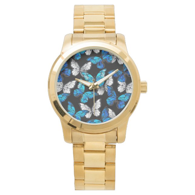 Donker naadloos patroon met blauwe vlinders Morpho Horloge (Voorkant)