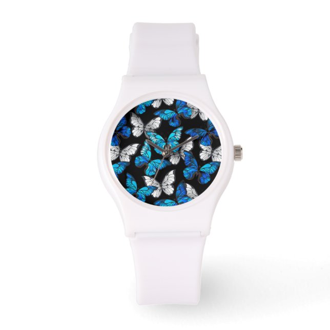 Donker naadloos patroon met blauwe vlinders Morpho Horloge (Voorkant)