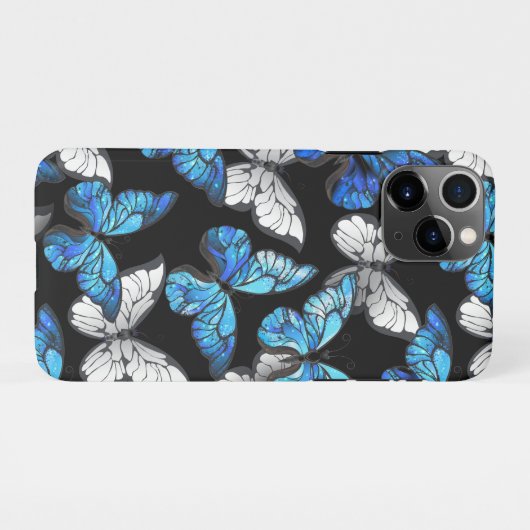 Donker naadloos patroon met blauwe vlinders Morpho iPhone Hoesje (Achterkant horizontaal)