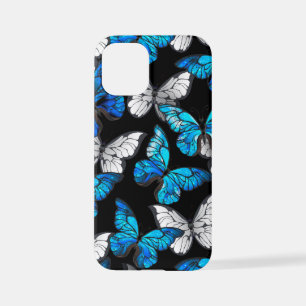 Donker naadloos patroon met blauwe vlinders Morpho iPhone 12 Mini Hoesje