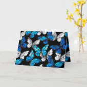 Donker naadloos patroon met blauwe vlinders Morpho Kaart (Gele Bloem)