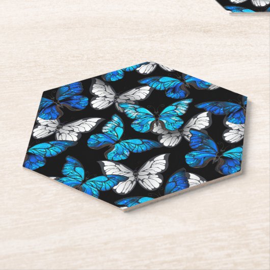 Donker naadloos patroon met blauwe vlinders Morpho Kartonnen Onderzetters (Schuin)