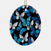 Donker naadloos patroon met blauwe vlinders Morpho Keramisch Ornament (Rechts)
