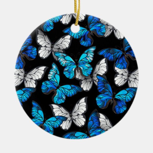 Donker naadloos patroon met blauwe vlinders Morpho Keramisch Ornament (Voorkant)