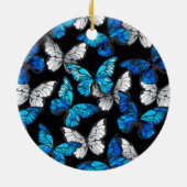 Donker naadloos patroon met blauwe vlinders Morpho Keramisch Ornament (Achterkant)