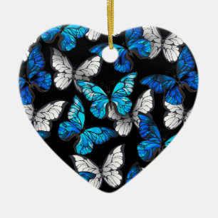 Donker naadloos patroon met blauwe vlinders Morpho Keramisch Ornament