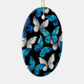 Donker naadloos patroon met blauwe vlinders Morpho Keramisch Ornament (Rechts)