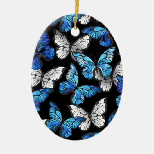 Donker naadloos patroon met blauwe vlinders Morpho Keramisch Ornament (Voorkant)
