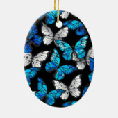 Donker naadloos patroon met blauwe vlinders Morpho Keramisch Ornament (Achterkant)