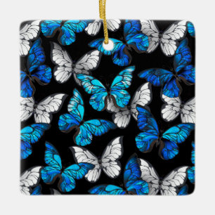 Donker naadloos patroon met blauwe vlinders Morpho Keramisch Ornament