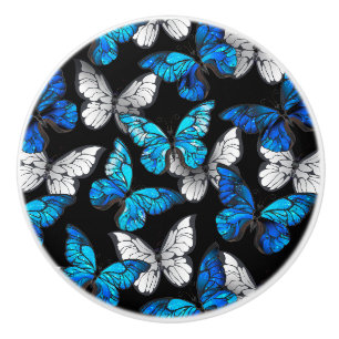 Donker naadloos patroon met blauwe vlinders Morpho Keramische Knop
