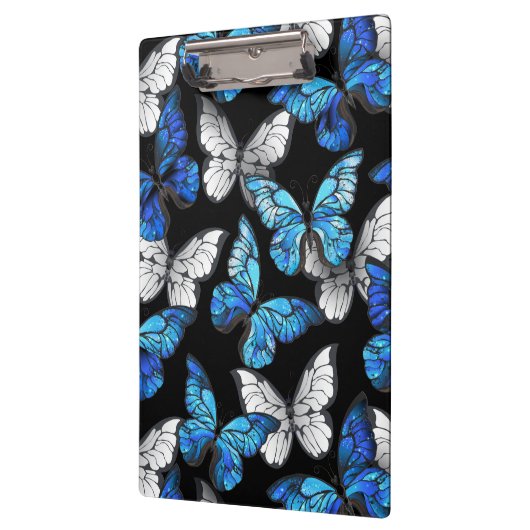 Donker naadloos patroon met blauwe vlinders Morpho Klembord (Links)