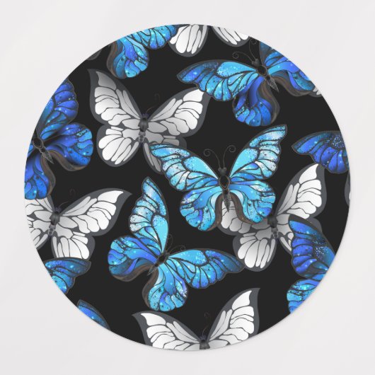 Donker naadloos patroon met blauwe vlinders Morpho Labels (Design 1)