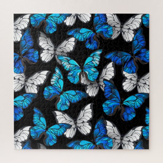 Donker naadloos patroon met blauwe vlinders Morpho Legpuzzel (Verticaal)