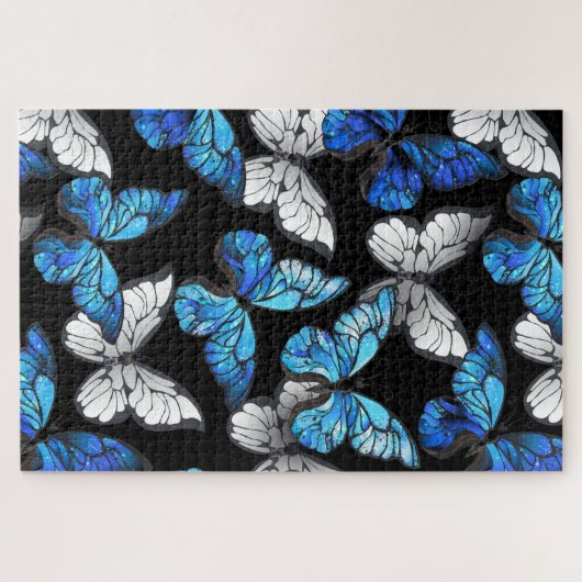 Donker naadloos patroon met blauwe vlinders Morpho Legpuzzel (Horizontaal)