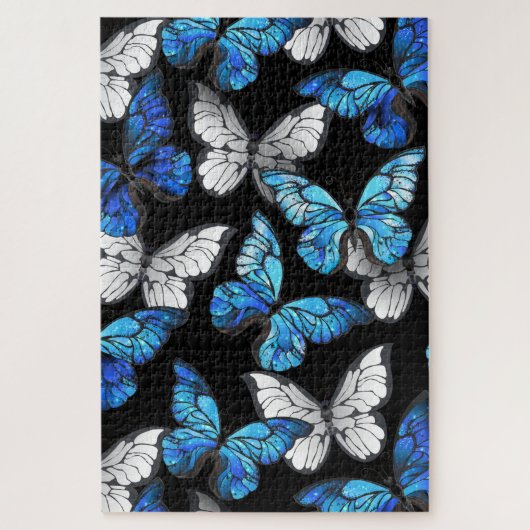 Donker naadloos patroon met blauwe vlinders Morpho Legpuzzel (Verticaal)