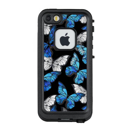Donker naadloos patroon met blauwe vlinders Morpho LifeProof iPhone Hoesje (Achterkant)