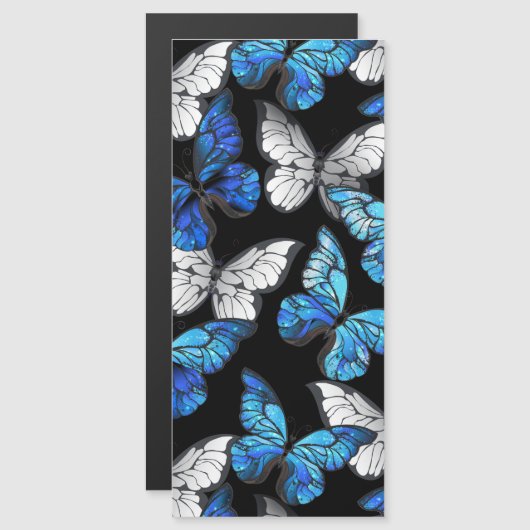 Donker naadloos patroon met blauwe vlinders Morpho Magnetische Uitnodiging (Voorkant / Achterkant)