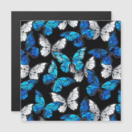 Donker naadloos patroon met blauwe vlinders Morpho Magnetische Uitnodiging (Voorkant / Achterkant)
