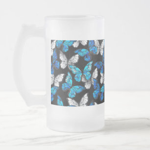 Donker naadloos patroon met blauwe vlinders Morpho Matglas Bierpul