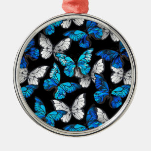 Donker naadloos patroon met blauwe vlinders Morpho Metalen Ornament