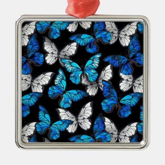 Donker naadloos patroon met blauwe vlinders Morpho Metalen Ornament (Voorkant)