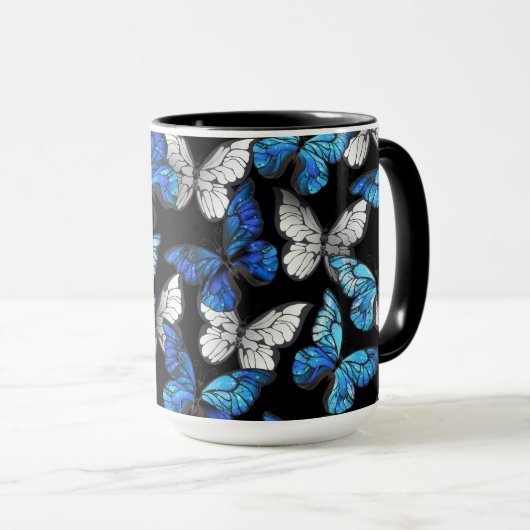 Donker naadloos patroon met blauwe vlinders Morpho Mok (Voorkant rechts)