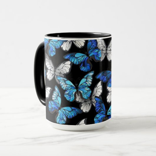 Donker naadloos patroon met blauwe vlinders Morpho Mok (Voorkant links)