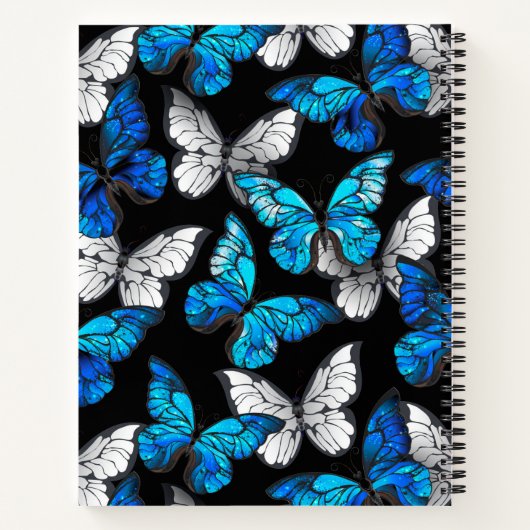 Donker naadloos patroon met blauwe vlinders Morpho Notitieboek (Achterkant)