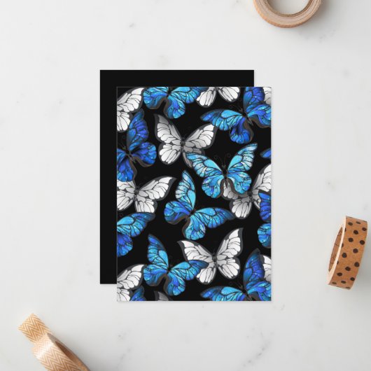 Donker naadloos patroon met blauwe vlinders Morpho Notitiekaartje (Voorkant / Achterkant in situ)