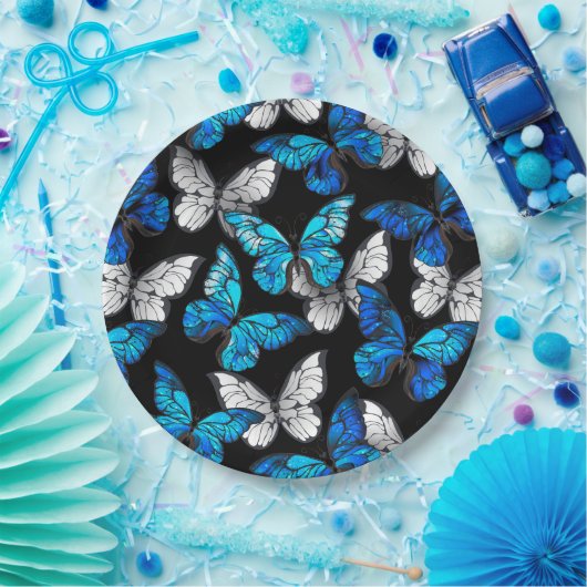 Donker naadloos patroon met blauwe vlinders Morpho Papieren Bordje (Feest)