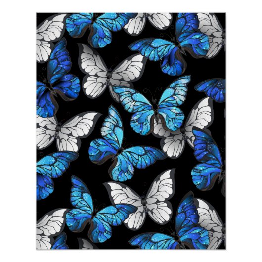 Donker naadloos patroon met blauwe vlinders Morpho Perfect Poster (Voorkant)