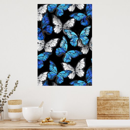 Donker naadloos patroon met blauwe vlinders Morpho Poster (Keuken)