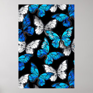 Donker naadloos patroon met blauwe vlinders Morpho Poster